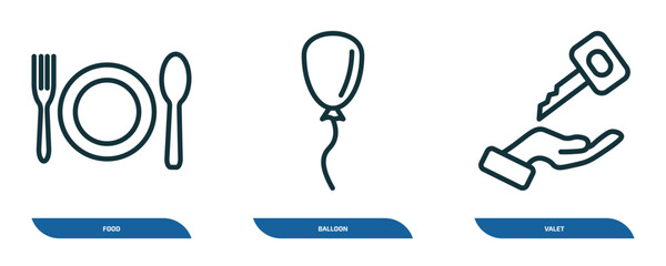 set of 3 linear icons from hotel and restaurant concept. outline icons such as food, balloon, valet vector
