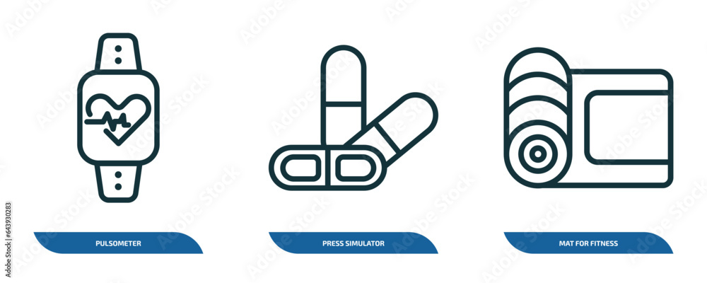 Poster set of 3 linear icons from gym and fitness concept. outline icons such as pulsometer, press simulato