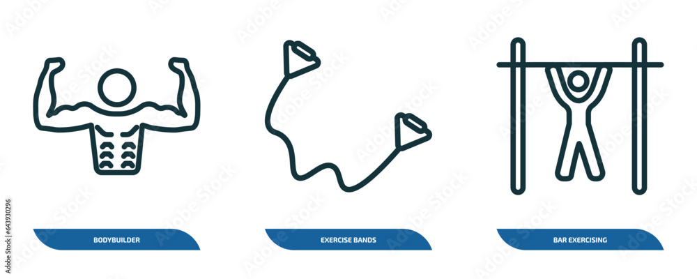 Poster set of 3 linear icons from gym and fitness concept. outline icons such as bodybuilder, exercise band