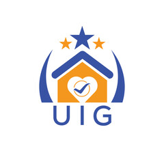 UIG House logo Letter logo and star icon. Blue vector image on white background. KJG house Monogram home logo picture design and best business icon. 
