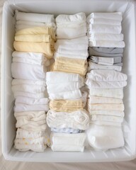 Baby diapers are stacked.