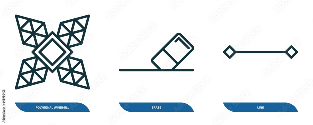 Poster set of 3 linear icons from geometry concept. outline icons such as polygonal windmill, erase, line v