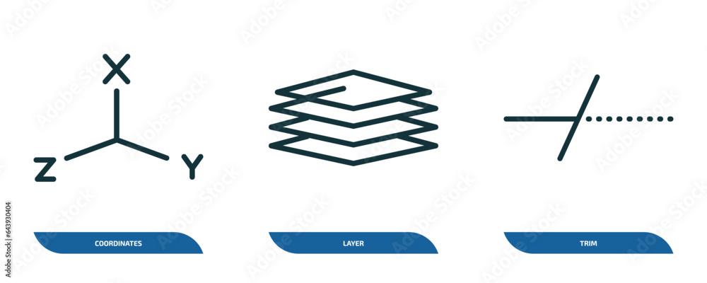 Poster set of 3 linear icons from geometry concept. outline icons such as coordinates, layer, trim vector