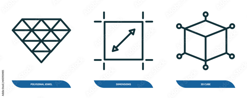Poster set of 3 linear icons from geometry concept. outline icons such as polygonal jewel, dimensions, 3d c