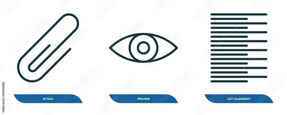 Poster set of 3 linear icons from geometric figure concept. outline icons such as attach, preview, left ali