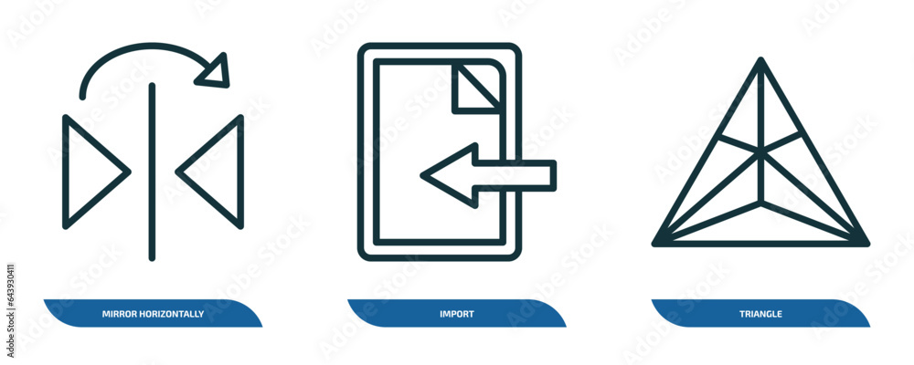 Poster set of 3 linear icons from geometric figure concept. outline icons such as mirror horizontally, impo