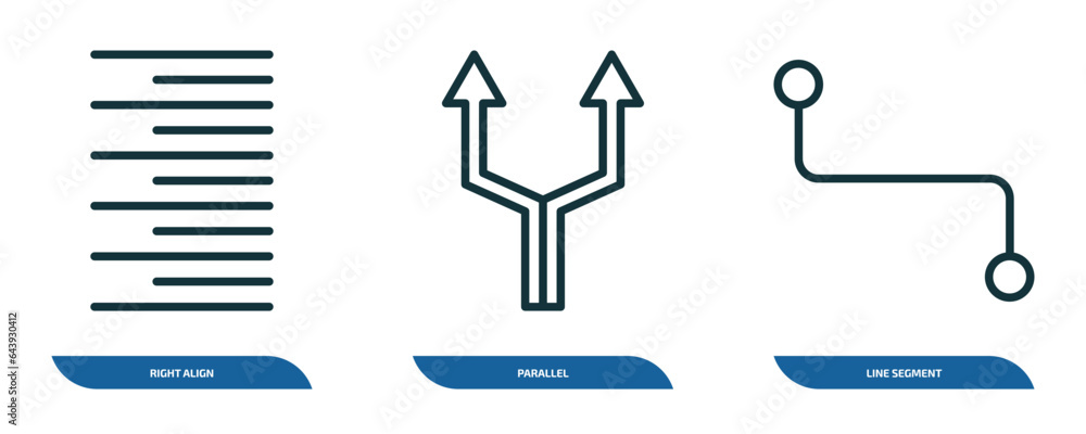 Poster set of 3 linear icons from geometry concept. outline icons such as right align, parallel, line segme