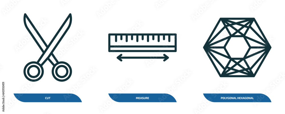 Poster set of 3 linear icons from geometry concept. outline icons such as cut, measure, polygonal hexagonal