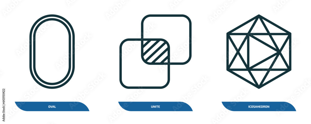 Poster set of 3 linear icons from geometry concept. outline icons such as oval, unite, icosahedron vector