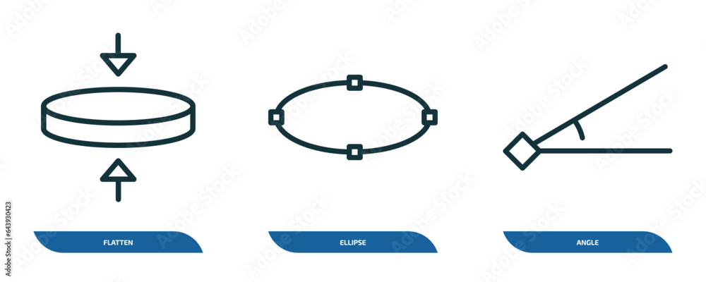 Poster set of 3 linear icons from geometry concept. outline icons such as flatten, ellipse, angle vector