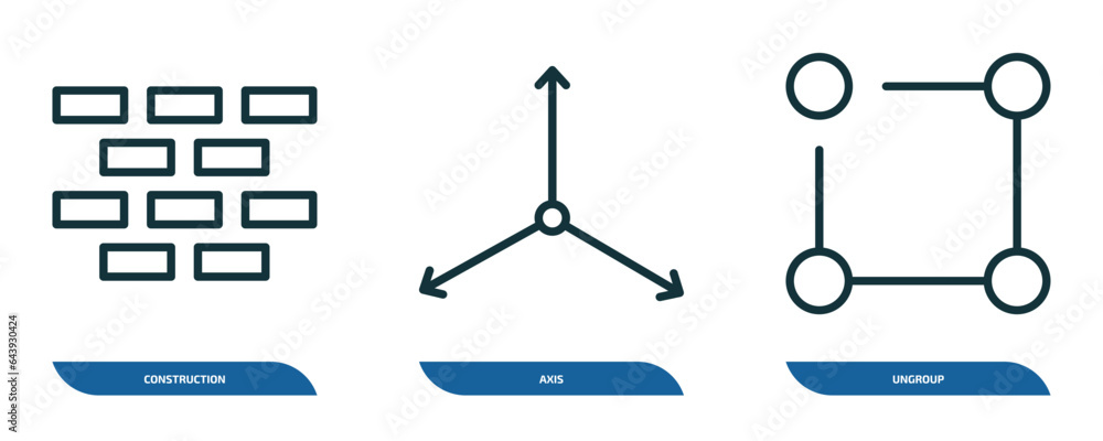 Poster set of 3 linear icons from geometry concept. outline icons such as construction, axis, ungroup vecto