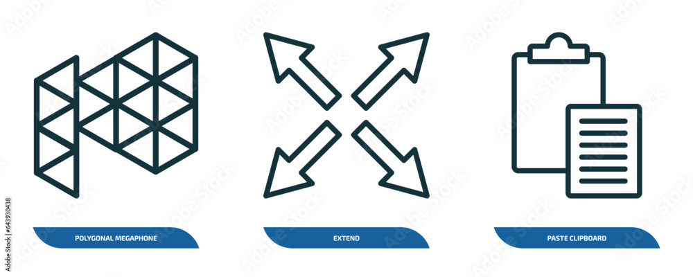 Aufkleber set of 3 linear icons from geometry concept. outline icons such as polygonal megaphone, extend, past