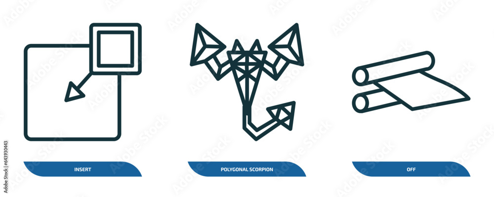 Poster set of 3 linear icons from geometry concept. outline icons such as insert, polygonal scorpion, off v