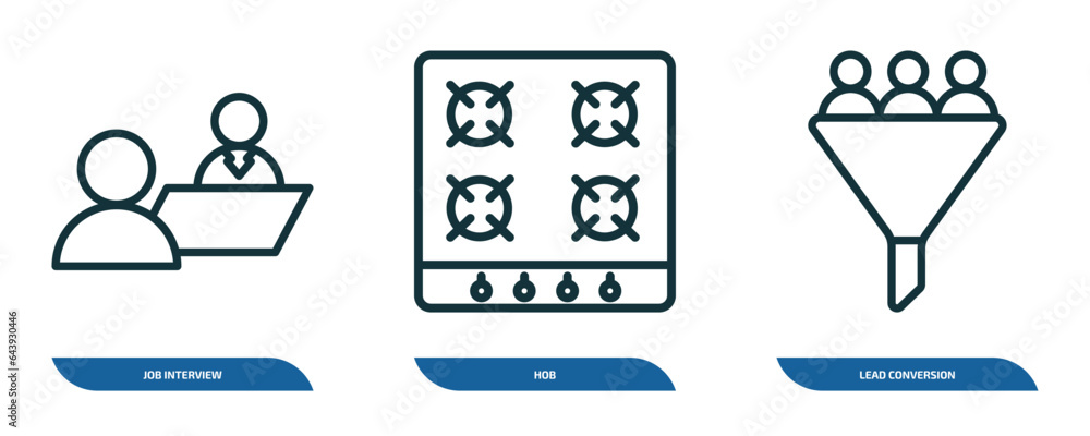 Poster set of 3 linear icons from general concept. outline icons such as job interview, hob, lead conversio