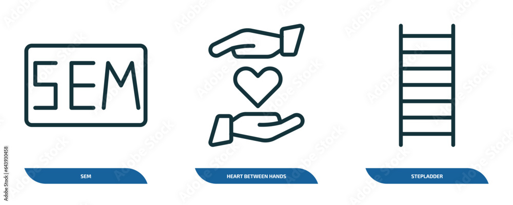 Poster set of 3 linear icons from general concept. outline icons such as sem, heart between hands, stepladd