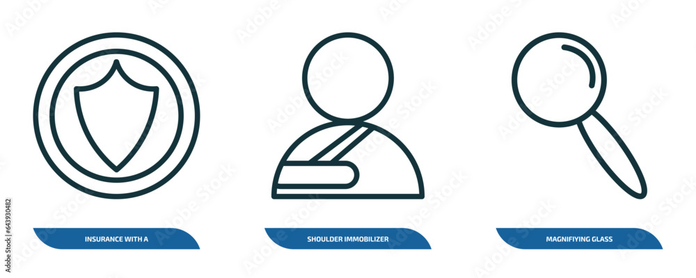 Poster set of 3 linear icons from general concept. outline icons such as insurance with a button, shoulder 
