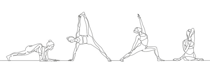 Continuous one line drawing group of women doing yoga. Aerobic sport girl exercise for modern healthy lifestyle