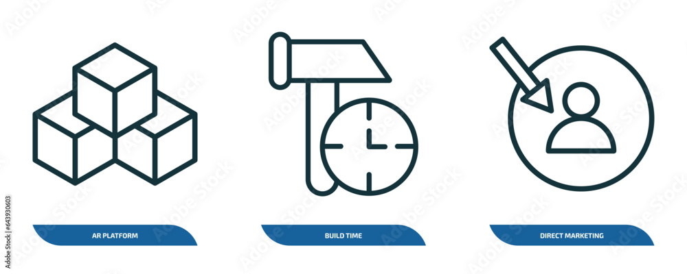 Poster set of 3 linear icons from general concept. outline icons such as ar platform, build time, direct ma