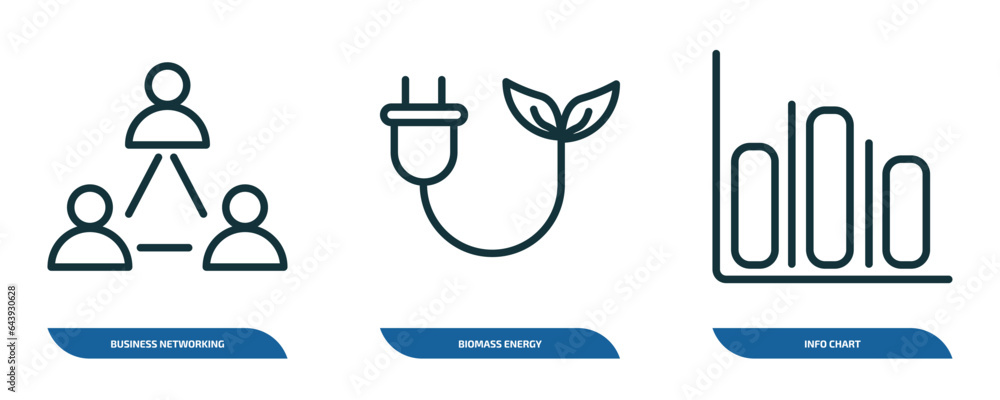Poster set of 3 linear icons from general concept. outline icons such as business networking, biomass energ