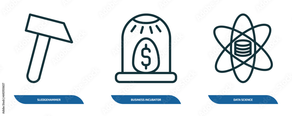 Poster set of 3 linear icons from general concept. outline icons such as sledgehammer, business incubator, 
