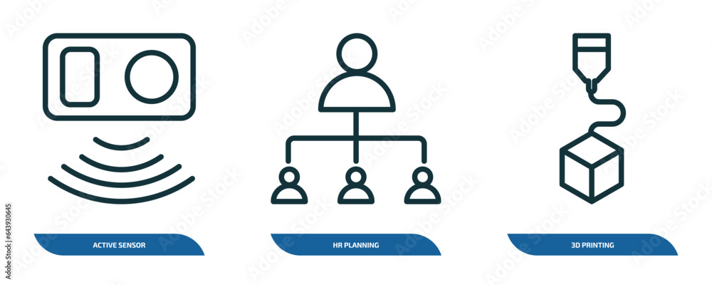 Poster set of 3 linear icons from general concept. outline icons such as active sensor, hr planning, 3d pri