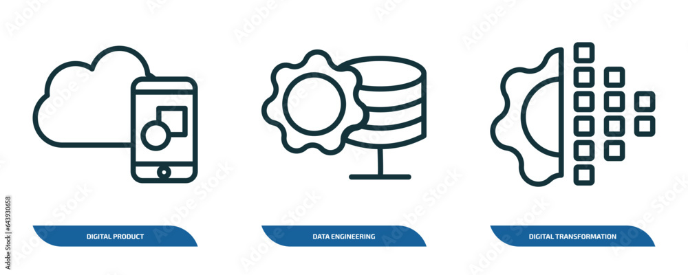 Poster set of 3 linear icons from general concept. outline icons such as digital product, data engineering,
