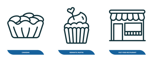 set of 3 linear icons from food concept. outline icons such as canadian, romantic muffin, fast food restaurant vector