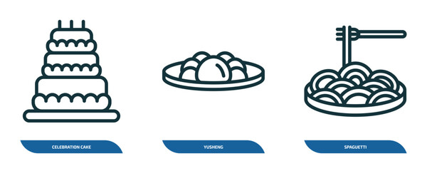 set of 3 linear icons from food concept. outline icons such as celebration cake, yusheng, spaguetti vector