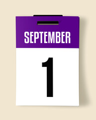 1 September Calendar Date, Realistic calendar sheet hanging on wall