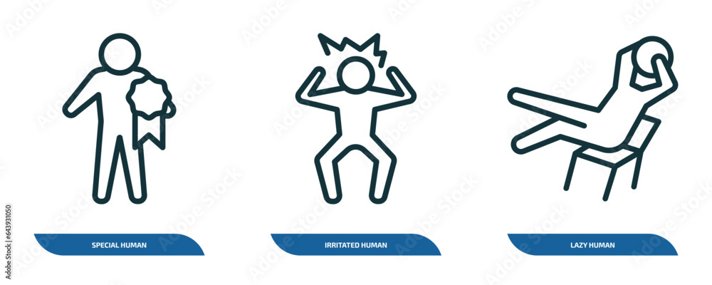 Wall mural set of 3 linear icons from feelings concept. outline icons such as special human, irritated human, lazy human vector