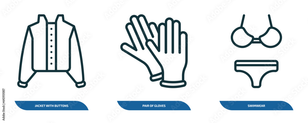 Poster set of 3 linear icons from fashion collection. concept. outline icons such as jacket with buttons, p
