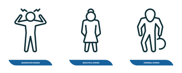 set of 3 linear icons from feelings concept. outline icons such as aggravated human, beautiful human, horrible human vector