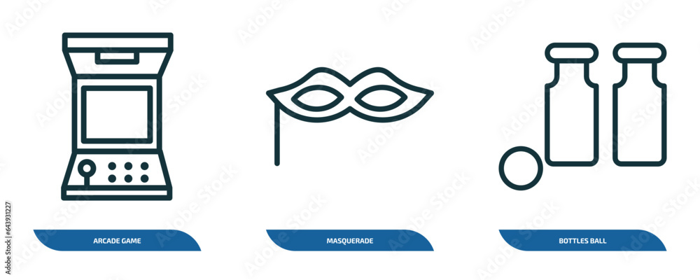 Poster set of 3 linear icons from entertainment concept. outline icons such as arcade game, masquerade, bot