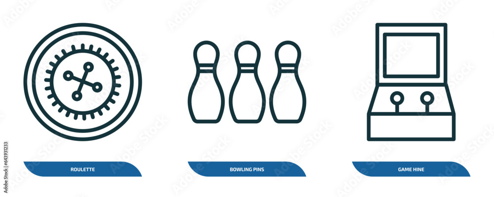 Poster set of 3 linear icons from arcade concept. outline icons such as roulette, bowling pins, game hine v