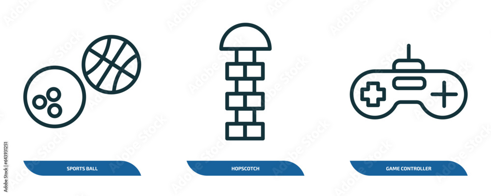 Poster set of 3 linear icons from arcade concept. outline icons such as sports ball, hopscotch, game contro