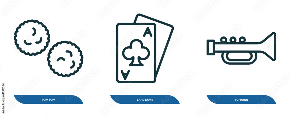 Poster set of 3 linear icons from arcade concept. outline icons such as pom pom, card game, soprano vector