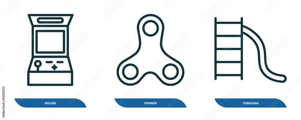 Aufkleber set of 3 linear icons from entertainment concept. outline icons such as arcade, spinner, toboggan ve