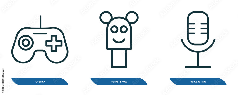 Poster set of 3 linear icons from arcade concept. outline icons such as joystick, puppet show, voice acting