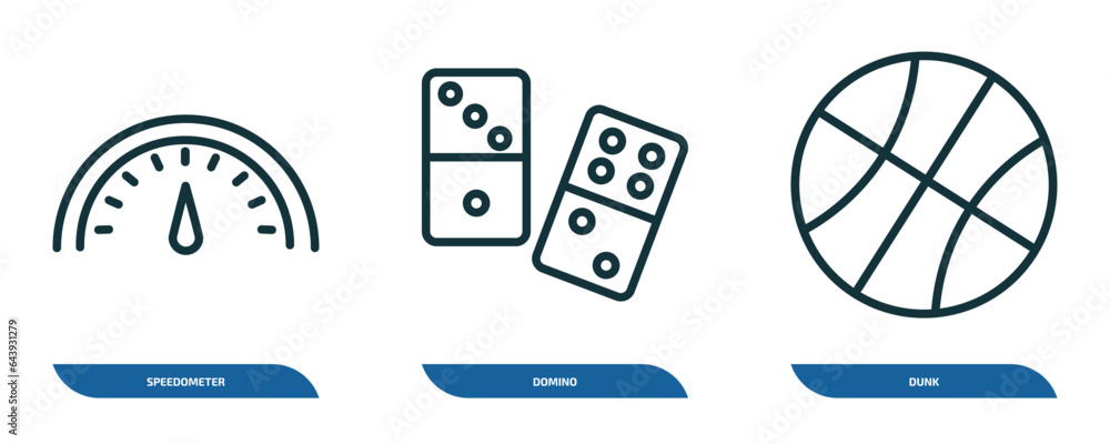 Poster set of 3 linear icons from entertainment concept. outline icons such as speedometer, domino, dunk ve
