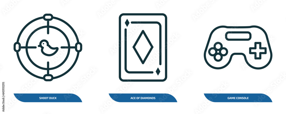 Poster set of 3 linear icons from arcade concept. outline icons such as shoot duck, ace of diamonds, game c
