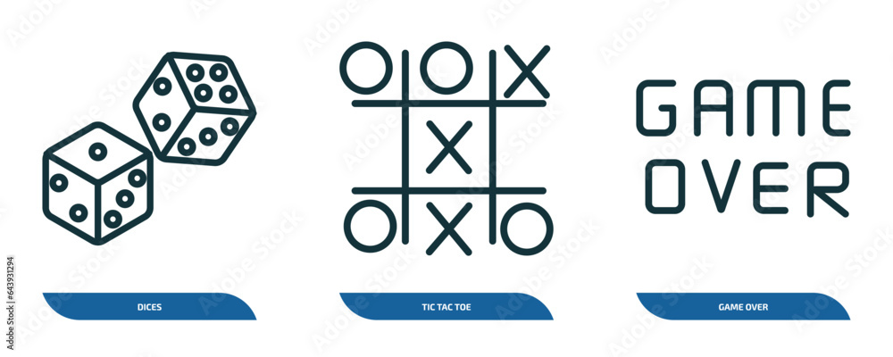 Poster set of 3 linear icons from arcade concept. outline icons such as dices, tic tac toe, game over vecto