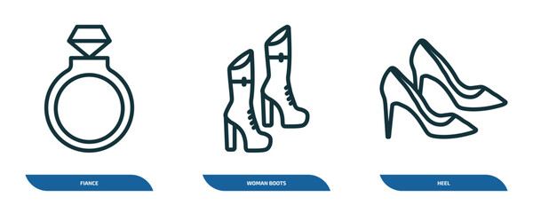 set of 3 linear icons from fashion concept. outline icons such as fiance, woman boots, heel vector