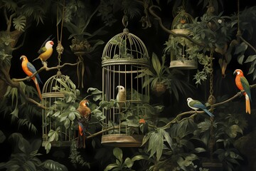 Illustration of birds and birdscages