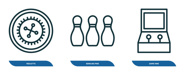 set of 3 linear icons from arcade concept. outline icons such as roulette, bowling pins, game hine vector