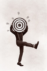 Picture black white image collage of funky guy hand hold darts board play game isolated on drawing...