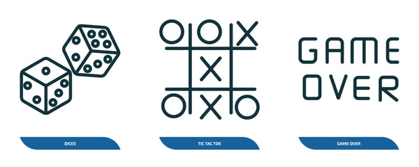 set of 3 linear icons from arcade concept. outline icons such as dices, tic tac toe, game over vector