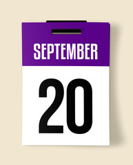 20 September Calendar Date, Realistic calendar sheet hanging on wall