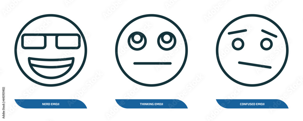 Poster set of 3 linear icons from emoji concept. outline icons such as nerd emoji, thinking emoji, confused