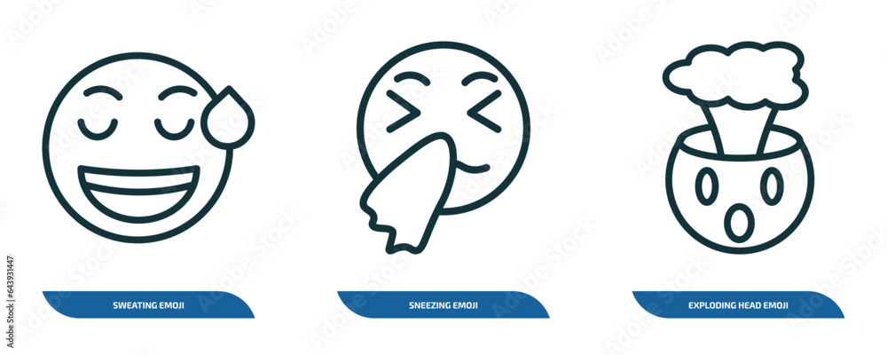 Poster set of 3 linear icons from emoji concept. outline icons such as sweating emoji, sneezing emoji, expl