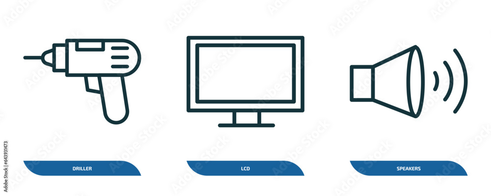 Poster set of 3 linear icons from electronic devices concept. outline icons such as driller, lcd, speakers 